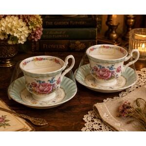Set of 2 Stechcol Gracie Bone China Floral Teacup & Saucer Sets